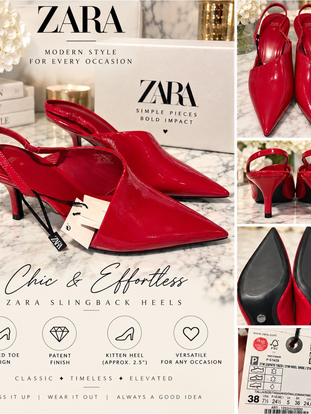 Zara Red Patent Slingback Kitten Heels - Pointed Toe
